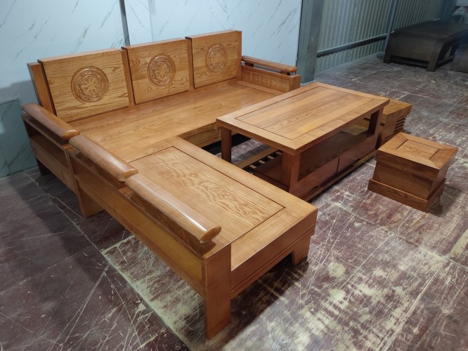Bộ sofa góc đục trống đồng gỗ sồi nga SFSN18